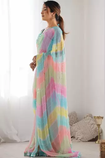 Multicolor leheriya mirror work leheriya saree