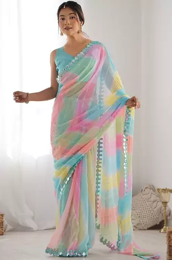 Multicolor leheriya mirror work leheriya saree