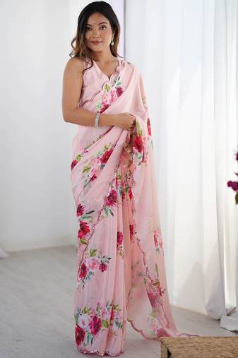 Pink floral sequinned pure chiffon saree