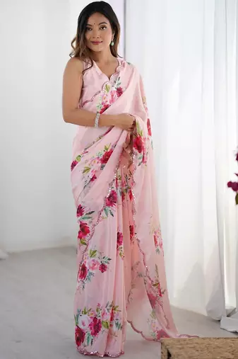 Pink floral sequinned pure chiffon saree