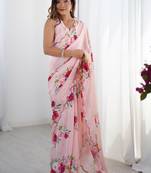 Pink floral sequinned pure chiffon saree