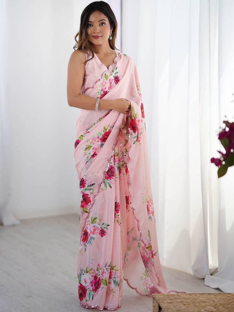 Pink floral sequinned pure chiffon saree