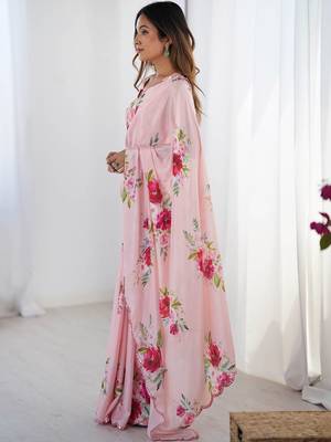 Pink floral sequinned pure chiffon saree 2