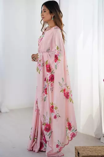 Pink floral sequinned pure chiffon saree