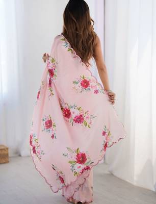 Pink floral sequinned pure chiffon saree 3