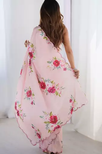 Pink floral sequinned pure chiffon saree