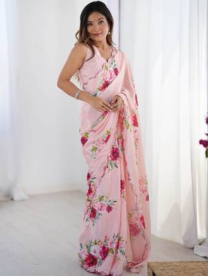 Pink floral sequinned pure chiffon saree 4