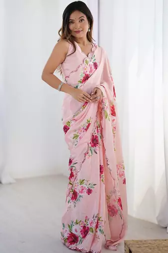Pink floral sequinned pure chiffon saree