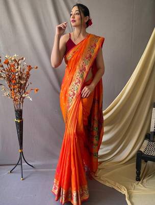 Orange orange silk blend woven design sarees 1