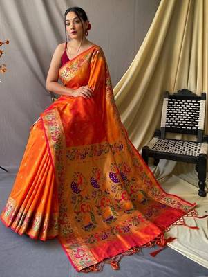 Orange orange silk blend woven design sarees 2