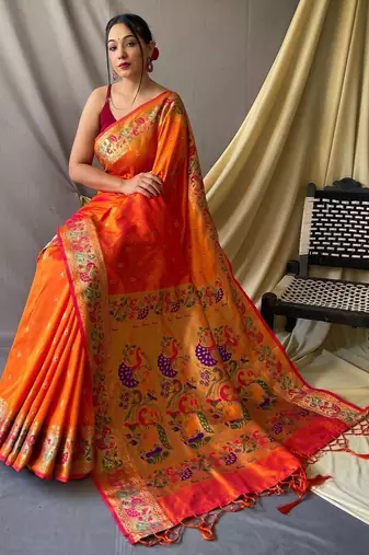 Orange orange silk blend woven design sarees