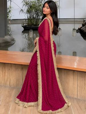 Maroon embellished embroidered satin saree 1