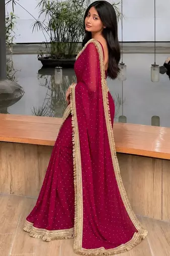 Maroon embellished embroidered satin saree