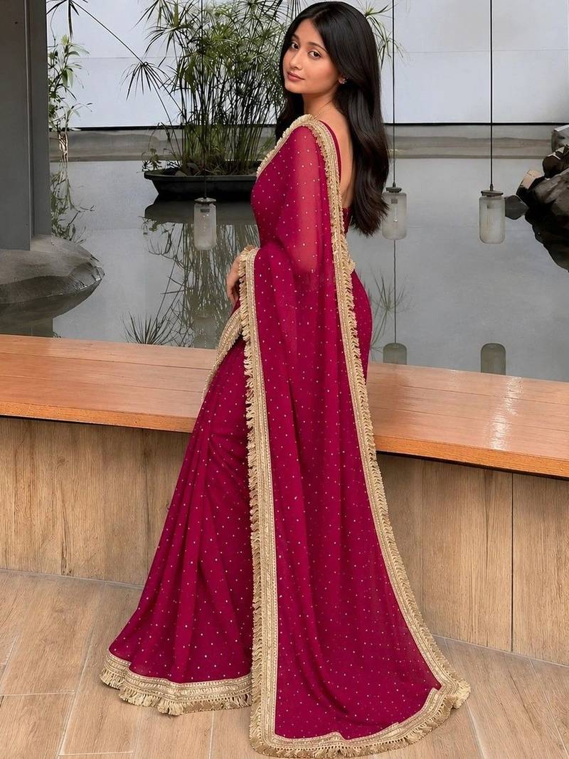 Maroon embellished embroidered satin saree