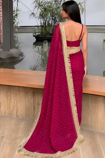 Maroon embellished embroidered satin saree