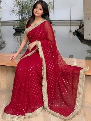 Maroon embellished embroidered satin saree 4