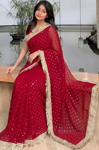 Maroon embellished embroidered satin saree