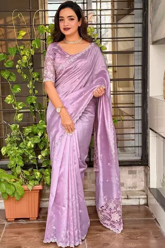 Lavender floral embroidered designer tussar saree