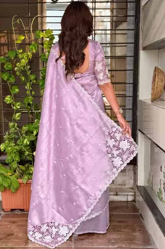 Lavender floral embroidered designer tussar saree