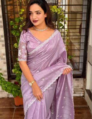 Lavender floral embroidered designer tussar saree 4