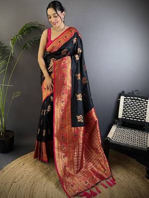 Black black banarasi silk zari meenakari weaving saree with contrast blouse piece 1