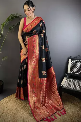Black black banarasi silk zari meenakari weaving saree with contrast blouse piece