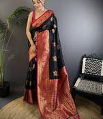 Black black banarasi silk zari meenakari weaving saree with contrast blouse piece