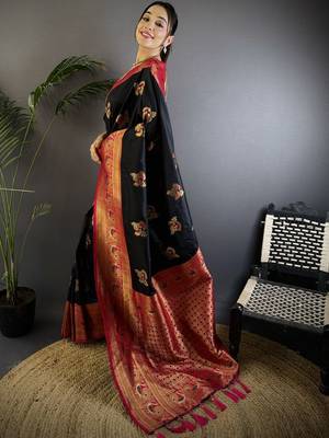 Black black banarasi silk zari meenakari weaving saree with contrast blouse piece 2