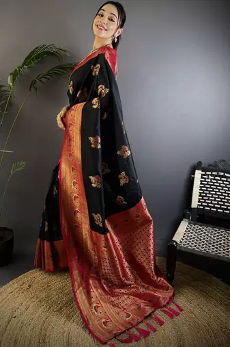 Black black banarasi silk zari meenakari weaving saree with contrast blouse piece