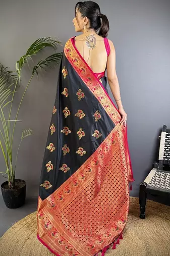 Black black banarasi silk zari meenakari weaving saree with contrast blouse piece