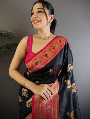 Black black banarasi silk zari meenakari weaving saree with contrast blouse piece 4
