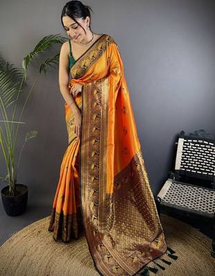Orange orange banarasi silk zari meenakari weaving saree with contrast blouse piece 1