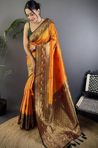 Orange orange banarasi silk zari meenakari weaving saree with contrast blouse piece