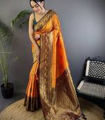 Orange orange banarasi silk zari meenakari weaving saree with contrast blouse piece