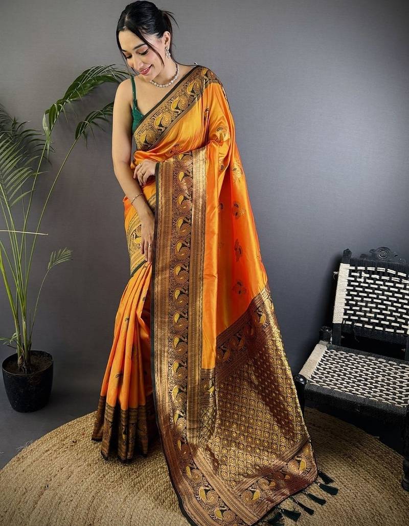 Orange orange banarasi silk zari meenakari weaving saree with contrast blouse piece