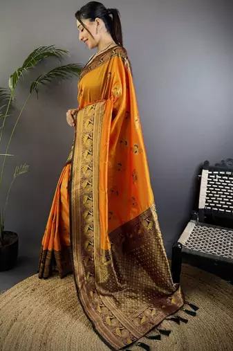 Orange orange banarasi silk zari meenakari weaving saree with contrast blouse piece
