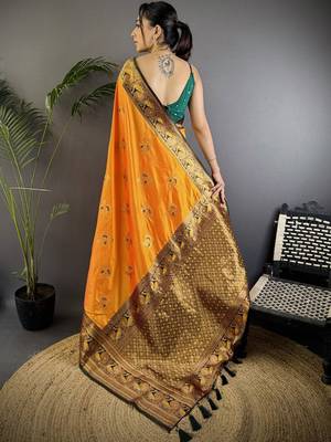 Orange orange banarasi silk zari meenakari weaving saree with contrast blouse piece 4