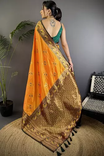 Orange orange banarasi silk zari meenakari weaving saree with contrast blouse piece
