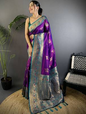 Purple purple banarasi silk zari meenakari weaving saree with contrast blouse piece 1