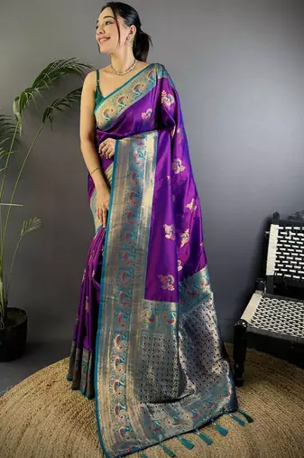 Purple purple banarasi silk zari meenakari weaving saree with contrast blouse piece