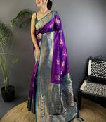 Purple purple banarasi silk zari meenakari weaving saree with contrast blouse piece