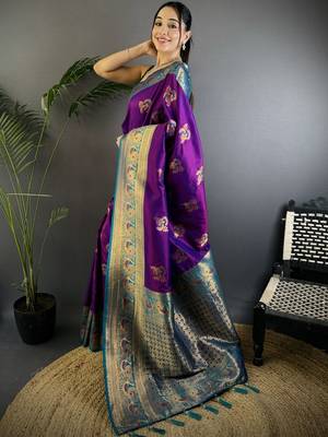 Purple purple banarasi silk zari meenakari weaving saree with contrast blouse piece 2
