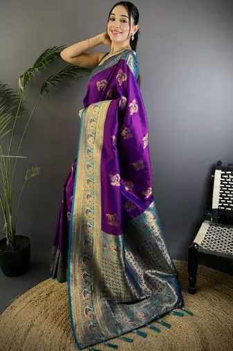 Purple purple banarasi silk zari meenakari weaving saree with contrast blouse piece
