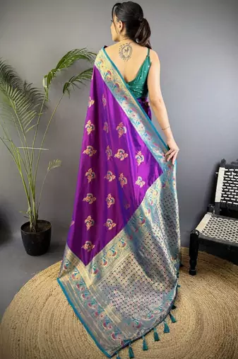 Purple purple banarasi silk zari meenakari weaving saree with contrast blouse piece