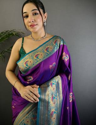 Purple purple banarasi silk zari meenakari weaving saree with contrast blouse piece 4