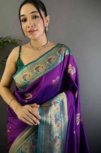 Purple purple banarasi silk zari meenakari weaving saree with contrast blouse piece