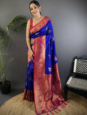 Blue blue banarasi silk zari meenakari weaving saree with contrast blouse piece 1