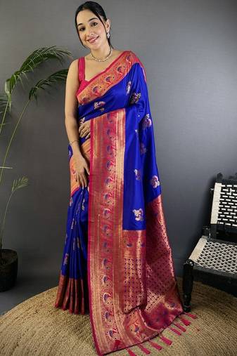Blue blue banarasi silk zari meenakari weaving saree with contrast blouse piece