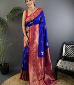 Blue blue banarasi silk zari meenakari weaving saree with contrast blouse piece