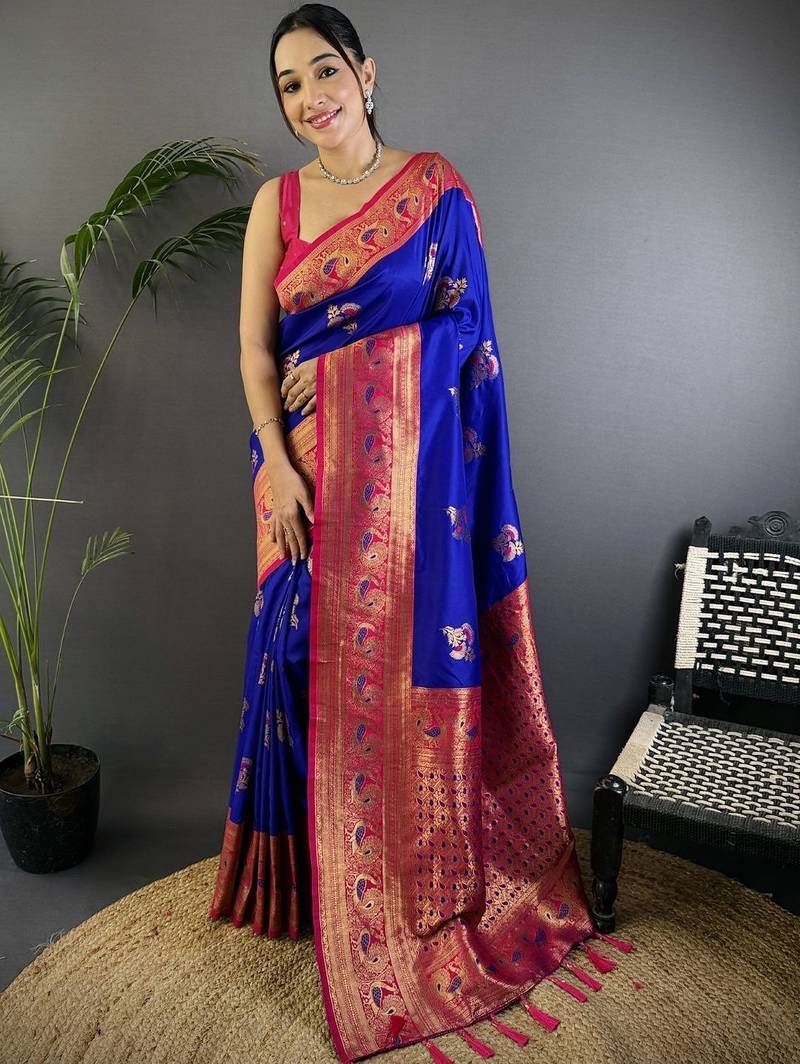 Blue blue banarasi silk zari meenakari weaving saree with contrast blouse piece